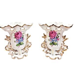 Pair Antique PORTUGAL Old Paris Style Spill Vases w Roses Daisies Circa 1900s